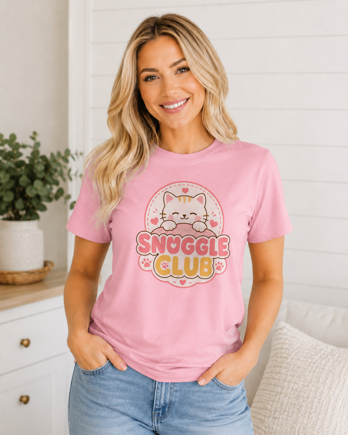 Snuggle Club Cute Cat Women's Relaxed T-Shirt Pink